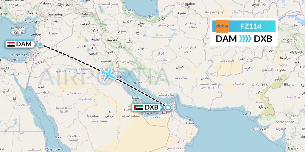 FZ114 FlyDubai Flight Map: Damascus to Dubai