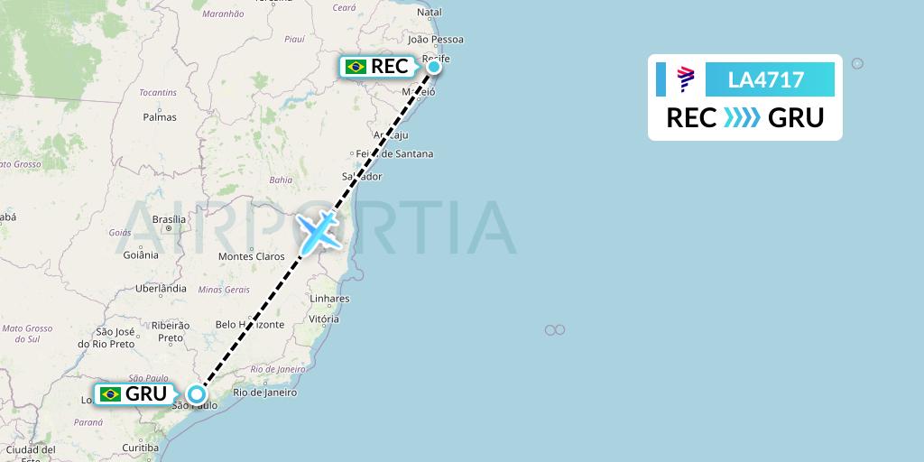 LA4717 LAN Airlines Flight Map: Recife to Sao Paulo
