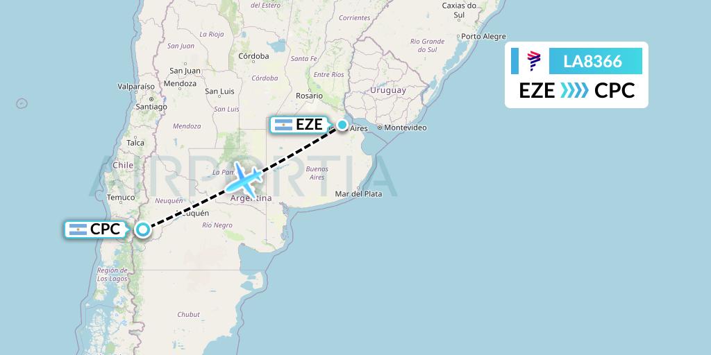 LA8366 LAN Airlines Flight Map: Buenos Aires to San Martin de los Andes