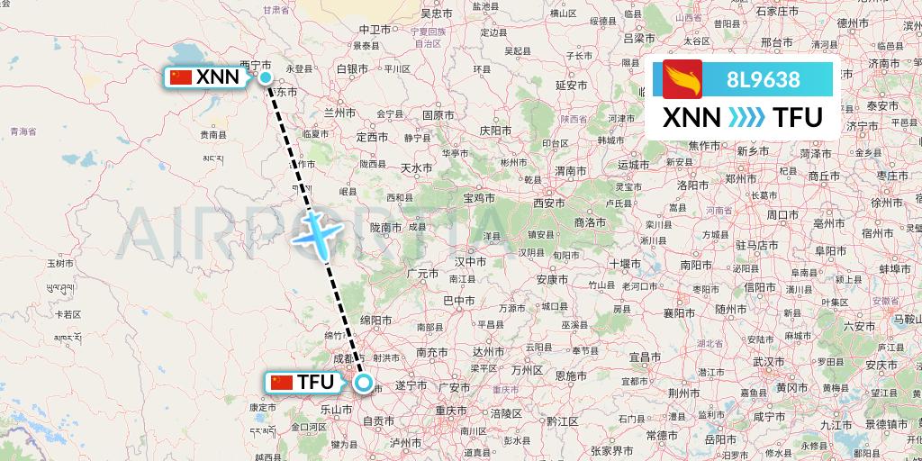 8L9638 Lucky Air Flight Map: Xining to Chengdu