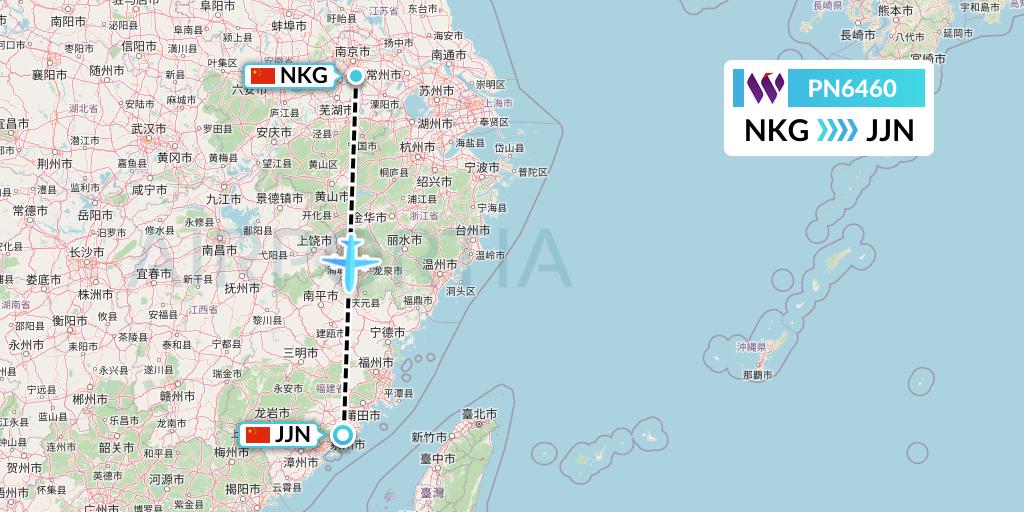 PN6460 China West Air Flight Map: Nanjing to Jinjiang
