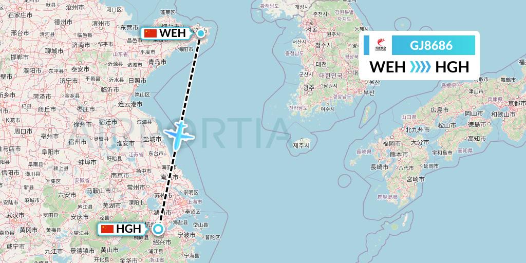GJ8686 Loong Airlines Flight Map: Weihai to Hangzhou