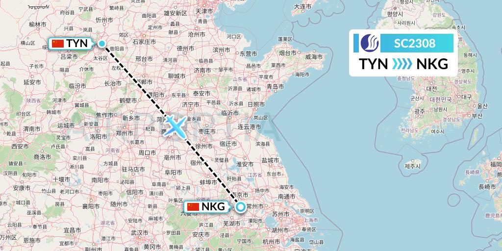 SC2308 Shandong Airlines Flight Map: Taiyuan to Nanjing