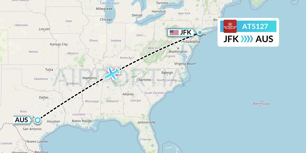 AT5127 Royal Air Maroc Flight Map: New York to Austin