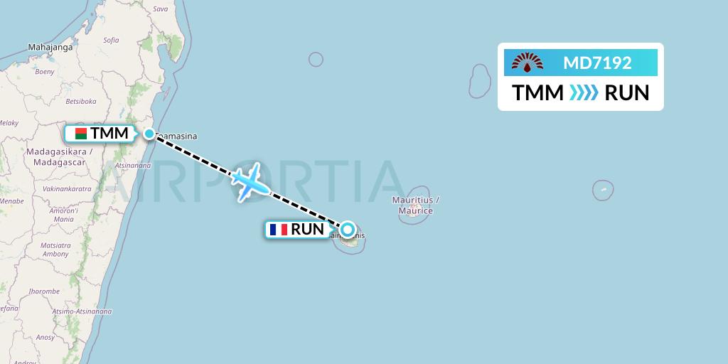 MD7192 Air Madagascar Flight Map: Madagascar to Saint-Denis