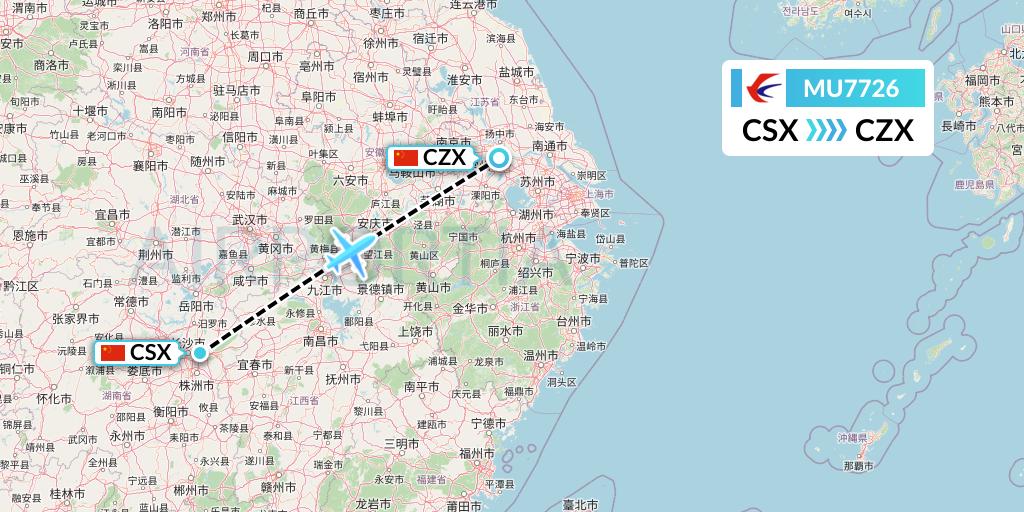MU7726 China Eastern Airlines Flight Map: Changsha to Changzhou