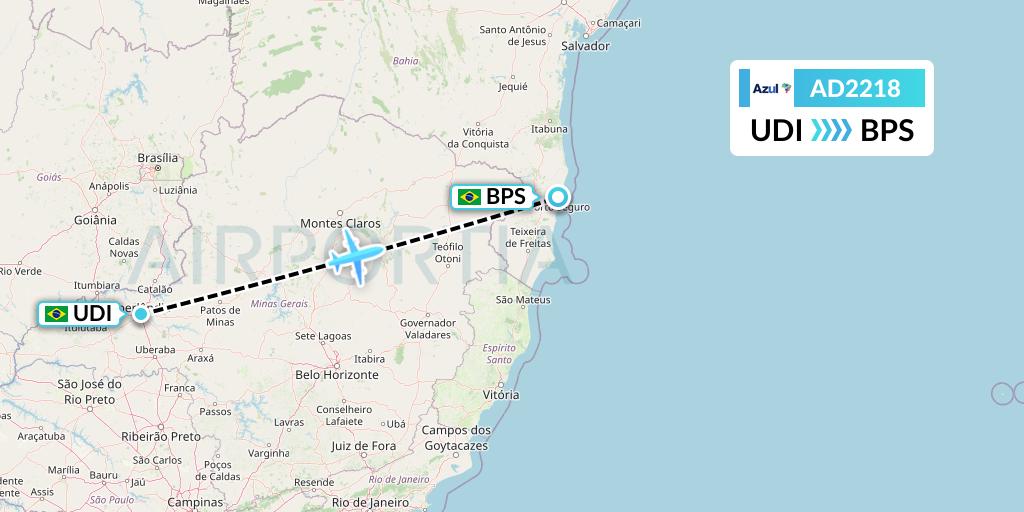 AD2218 Azul Brazilian Airlines Flight Map: Uberlandia to Porto Seguro