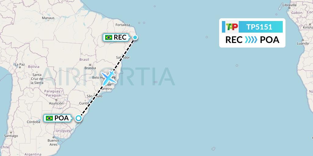 TP5151 TAP Portugal Flight Map: Recife to Porto Alegre