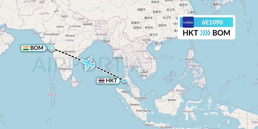 6E1090 IndiGo Airlines Flight Map: Phuket to Mumbai