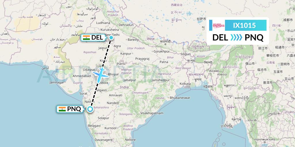 IX1015 Air India Express Flight Map: Delhi to Pune