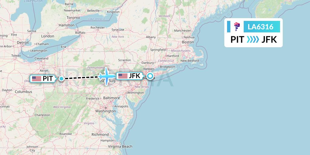 LA6316 LAN Airlines Flight Map: Pittsburgh to New York