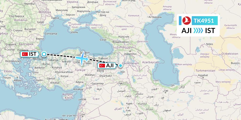 TK4951 Turkish Airlines Flight Map: Agri to Istanbul