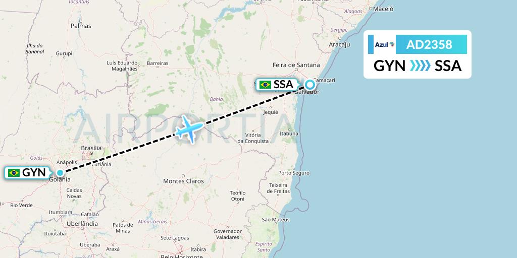 AD2358 Azul Brazilian Airlines Flight Map: Goiania to Salvador