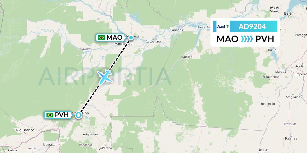 AD9204 Azul Brazilian Airlines Flight Map: Manaus to Porto Velho