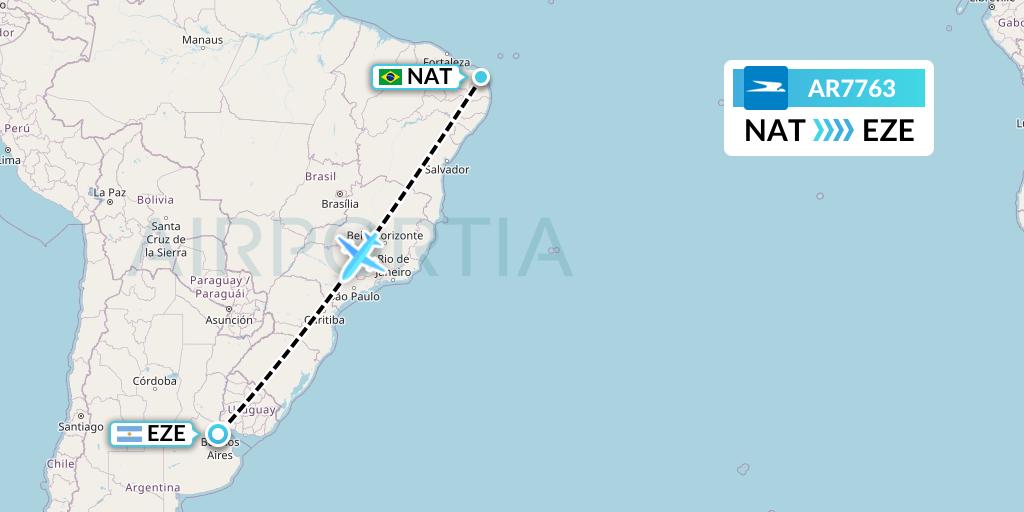 AR7763 Aerolineas Argentinas Flight Map: Natal to Buenos Aires