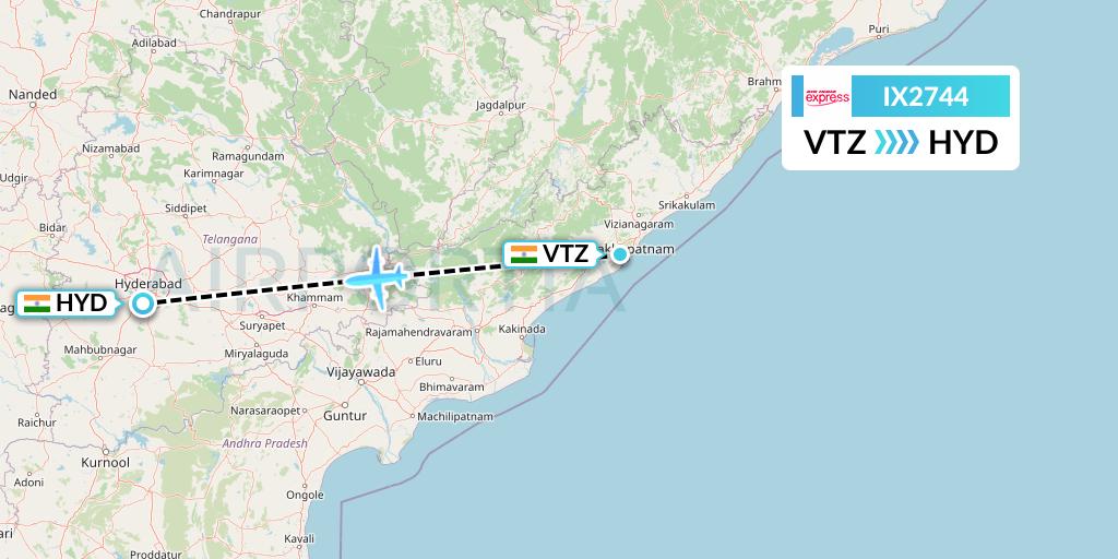 IX2744 Air India Express Flight Map: Visakhapatnam to Hyderabad