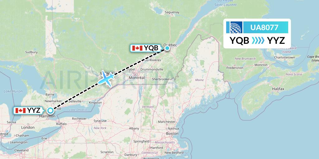 UA8077 United Airlines Flight Map: Quebec to Toronto