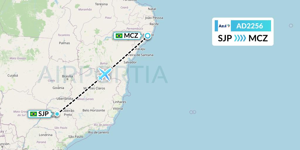 AD2256 Azul Brazilian Airlines Flight Map: Sao Jose Do Rio Preto to Maceio