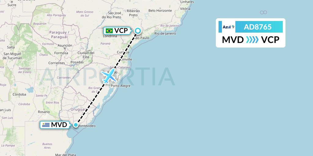 AD8765 Azul Brazilian Airlines Flight Map: Montevideo to Campinas