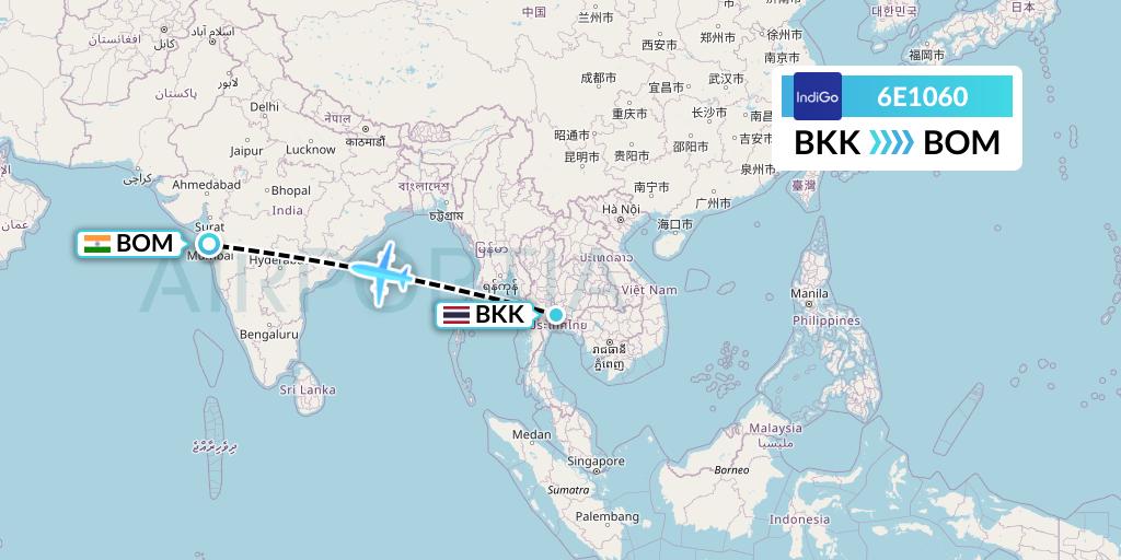 6E1060 IndiGo Airlines Flight Map: Bangkok to Mumbai