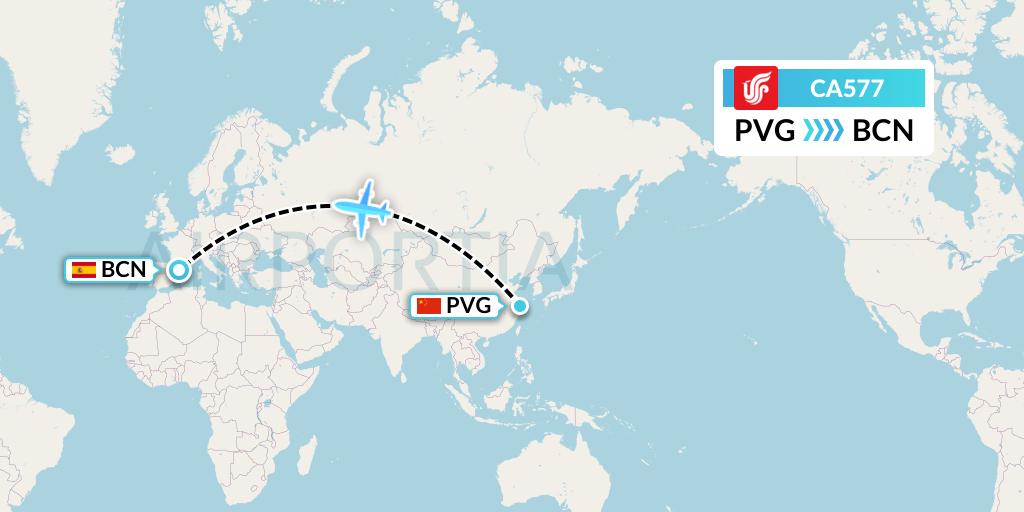 CA577 Air China Flight Map: Shanghai to Barcelona