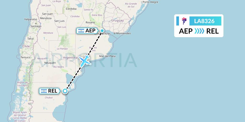 LA8326 LAN Airlines Flight Map: Buenos Aires to Trelew