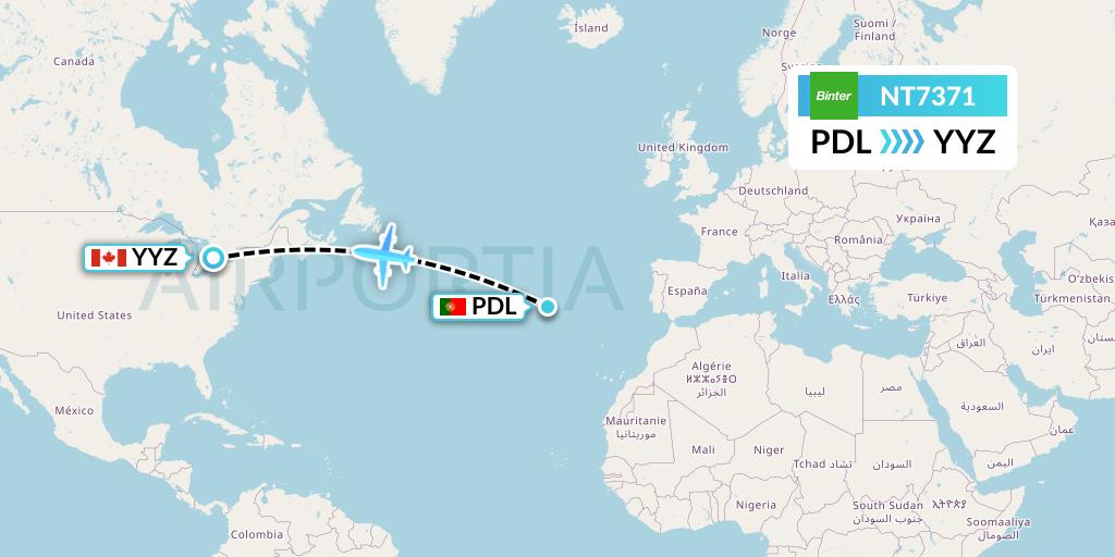 NT7371 Binter Canarias Flight Map: Ponta Delgada to Toronto