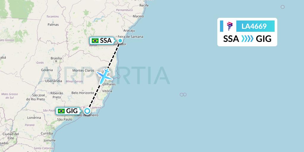 LA4669 LAN Airlines Flight Map: Salvador to Rio de Janeiro