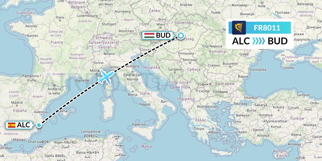 FR8011 Ryanair Flight Map: Alicante to Budapest