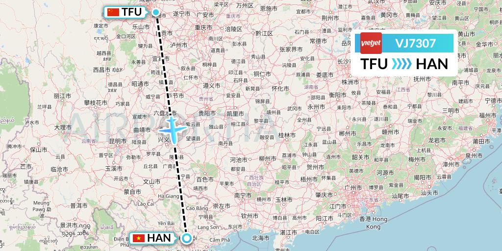 VJ7307 VietJet Air Flight Map: Chengdu to Hanoi