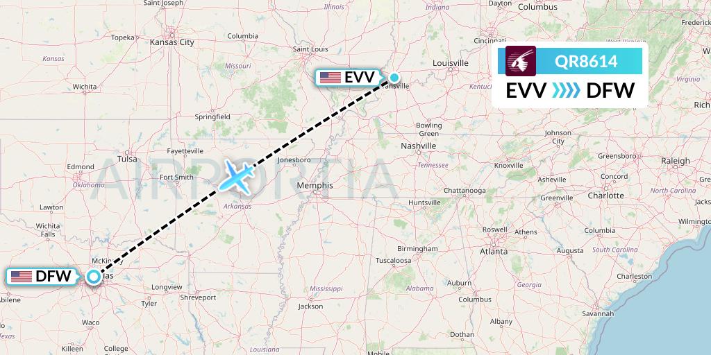 QR8614 Qatar Airways Flight Map: Evansville to Dallas