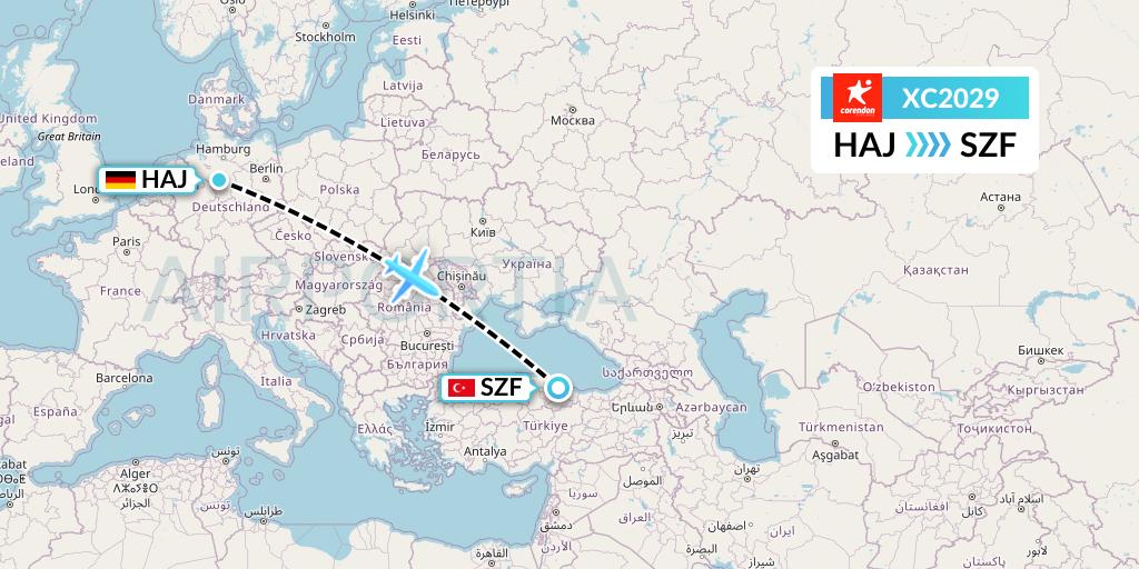XC2029 Corendon Airlines Flight Map: Hannover to Samsun