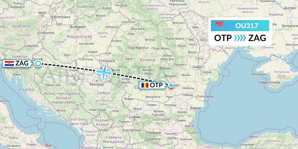 OU317 Croatia Airlines Flight Map: Bucharest to Zagreb