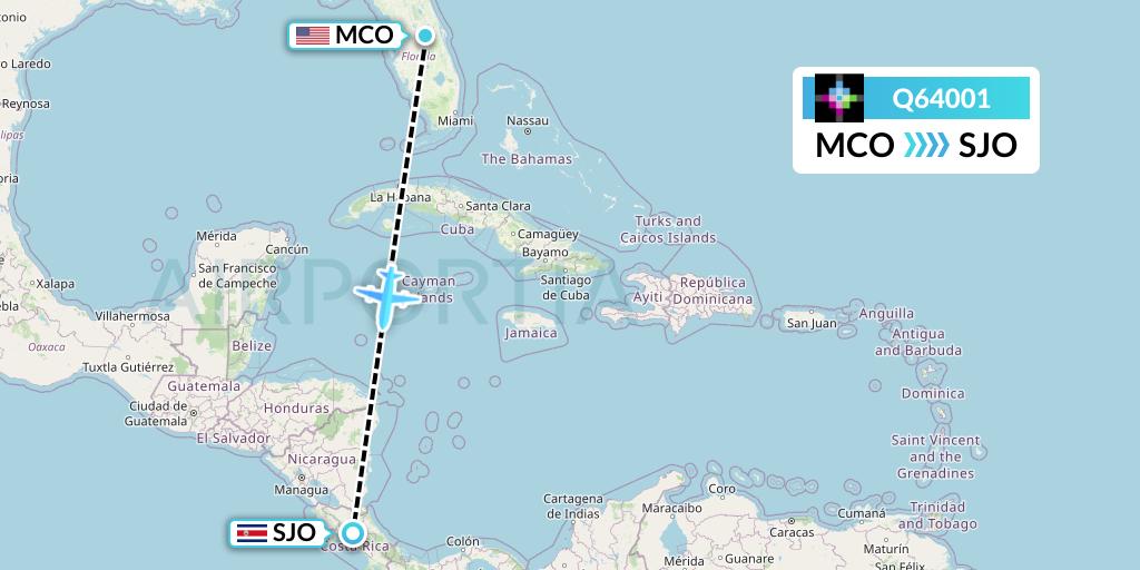 Q64001 Volaris Costa Rica Flight Map: Orlando to San Jose