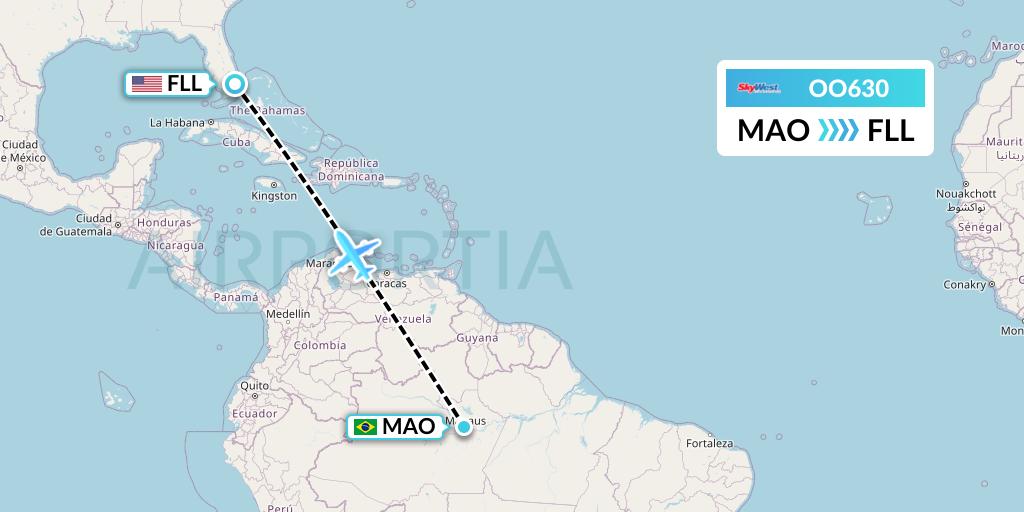 OO630 SkyWest Airlines Flight Map: Manaus to Fort Lauderdale
