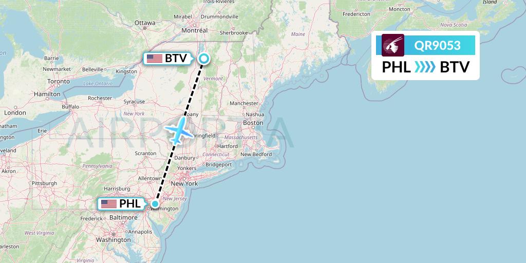 QR9053 Qatar Airways Flight Map: Philadelphia to Burlington