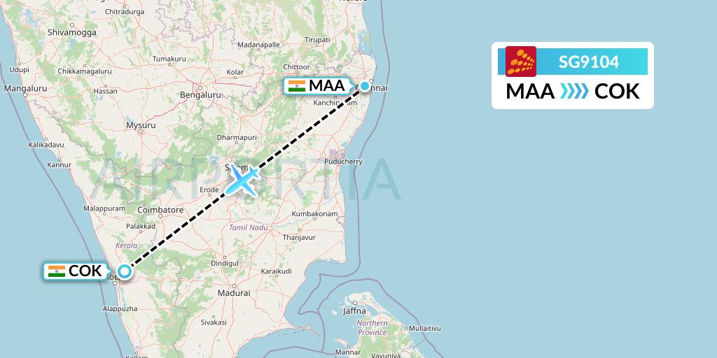 SG9104 SpiceJet Flight Map: Chennai to Cochin