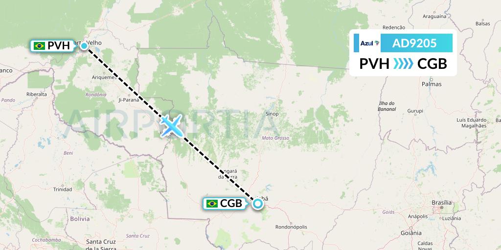 AD9205 Azul Brazilian Airlines Flight Map: Porto Velho to Cuiaba