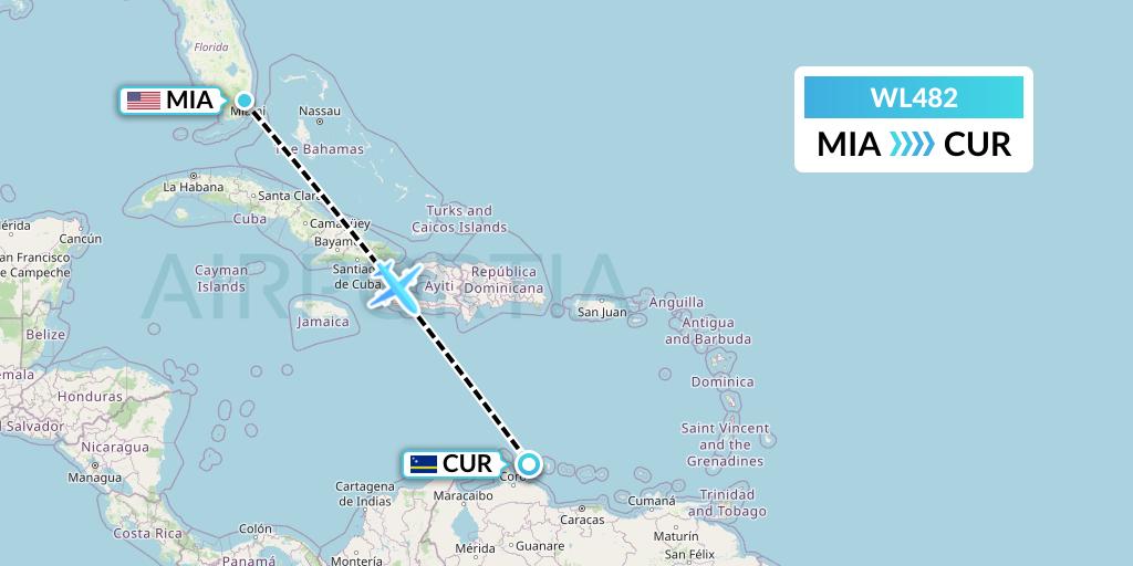WL482 World Atlantic Airlines Flight Map: Miami to Willemstad