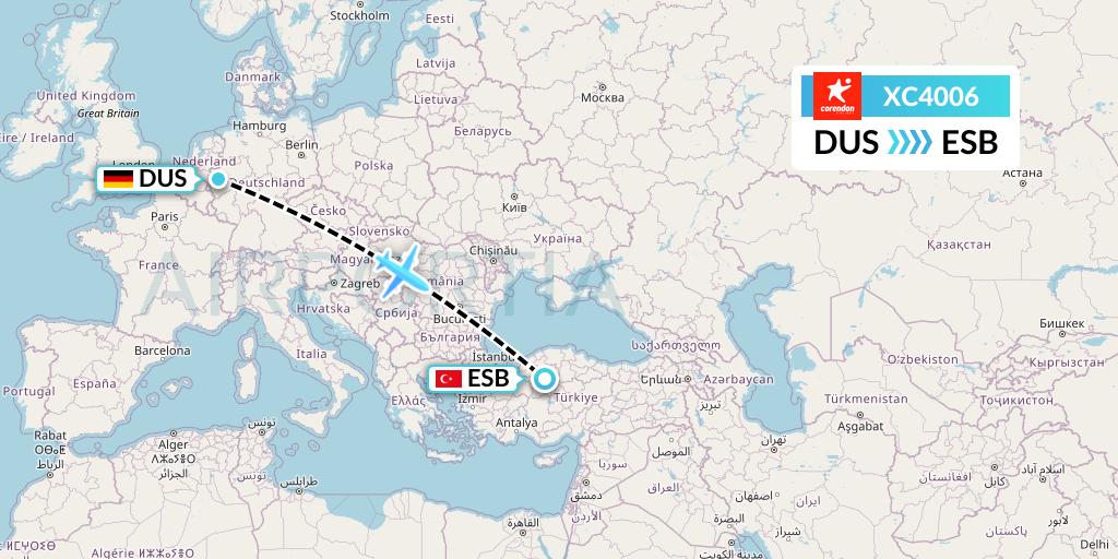 XC4006 Corendon Airlines Flight Map: Dusseldorf to Ankara