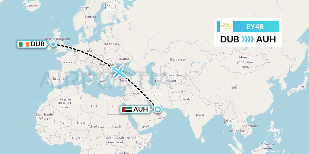 EY48 Etihad Airways Flight Map: Dublin to Abu Dhabi