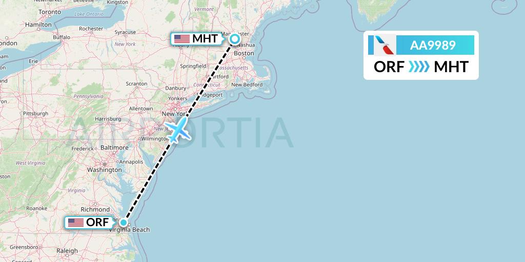 AA9989 American Airlines Flight Map: Norfolk to Manchester