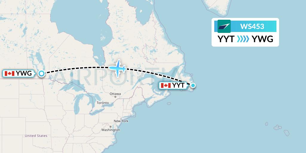WS453 WestJet Flight Map: St. John's to Winnipeg