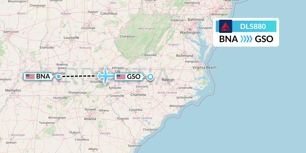 DL5880 Delta Air Lines Flight Map: Nashville to Greensboro