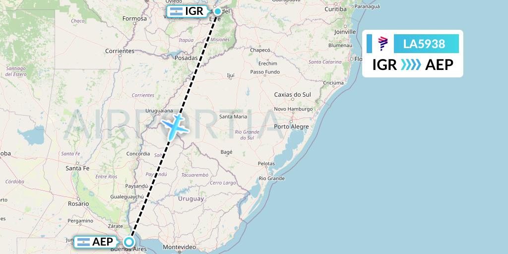 LA5938 LAN Airlines Flight Map: Puerto Iguazu to Buenos Aires
