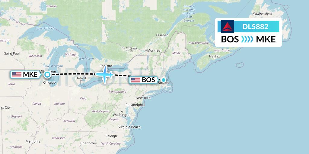 DL5882 Delta Air Lines Flight Map: Boston to Milwaukee