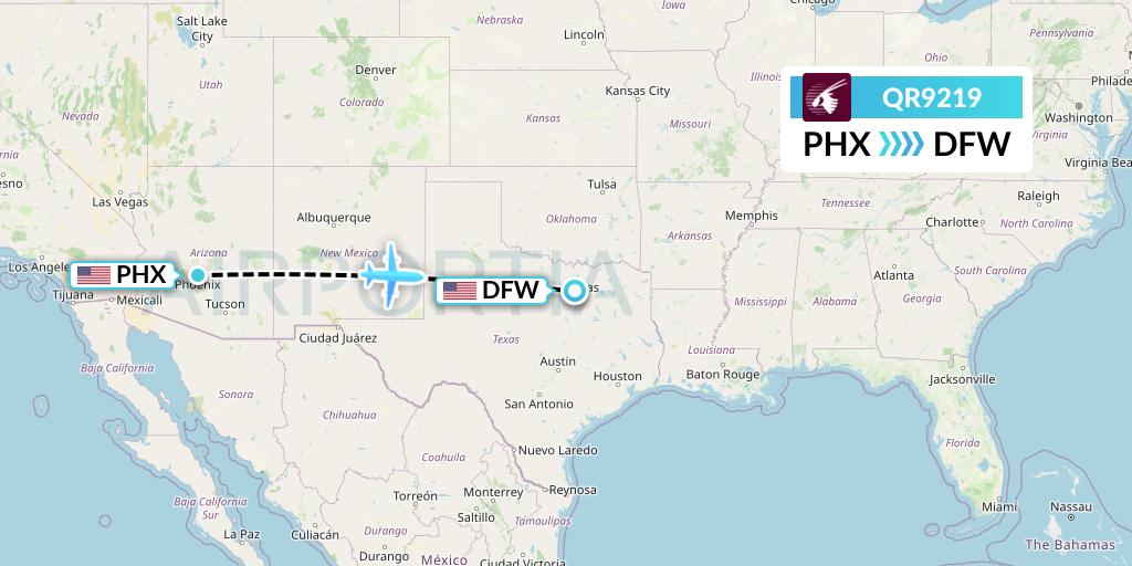 QR9219 Qatar Airways Flight Map: Phoenix to Dallas