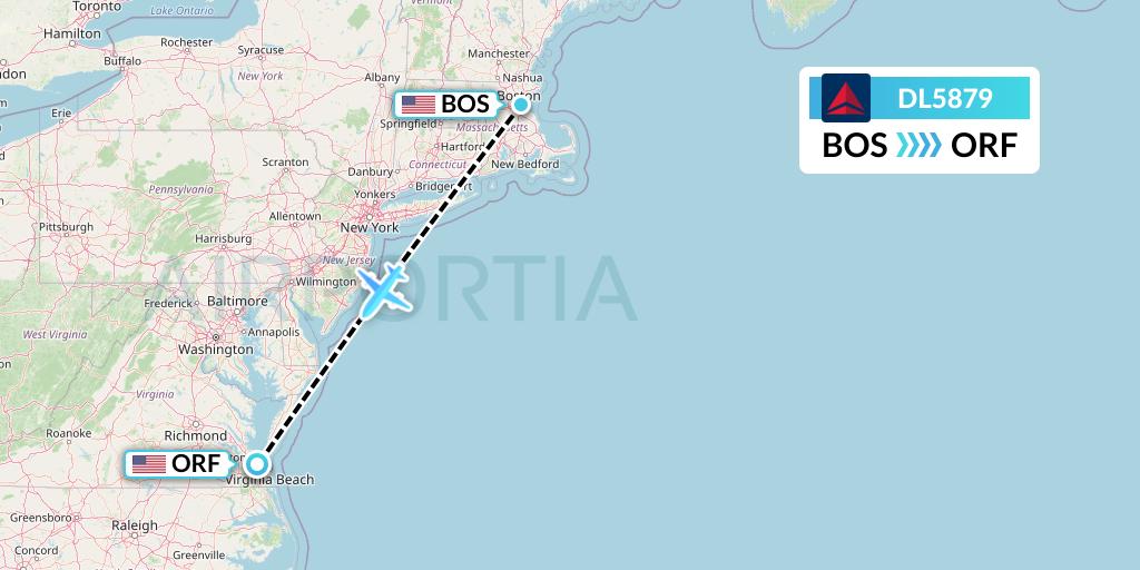 DL5879 Delta Air Lines Flight Map: Boston to Norfolk