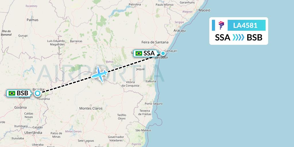 LA4581 LAN Airlines Flight Map: Salvador to Brasilia