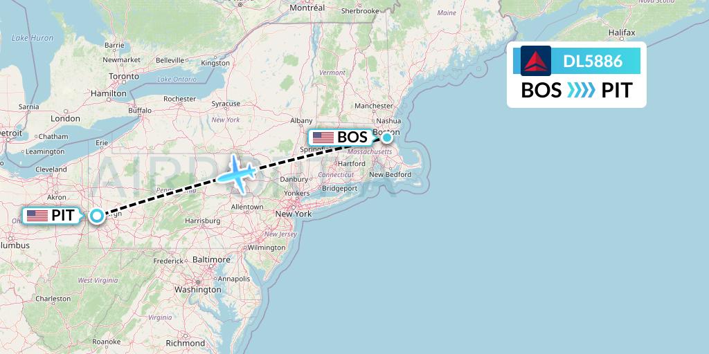 DL5886 Delta Air Lines Flight Map: Boston to Pittsburgh